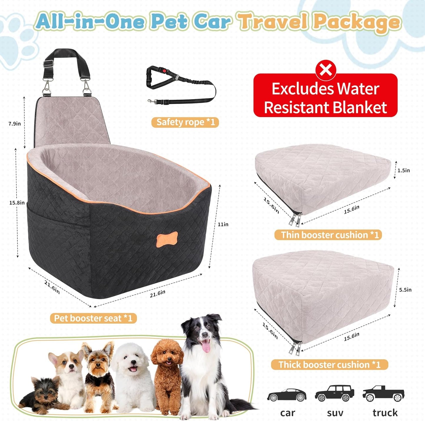 COCASES Dog Car Seats for Small Medium Dogs, Height-Adjustable Dog Booster Car Seat, Detachable and Washable Car Dog Bed with Seat Belt for Pet Under 35lbs Car Trip