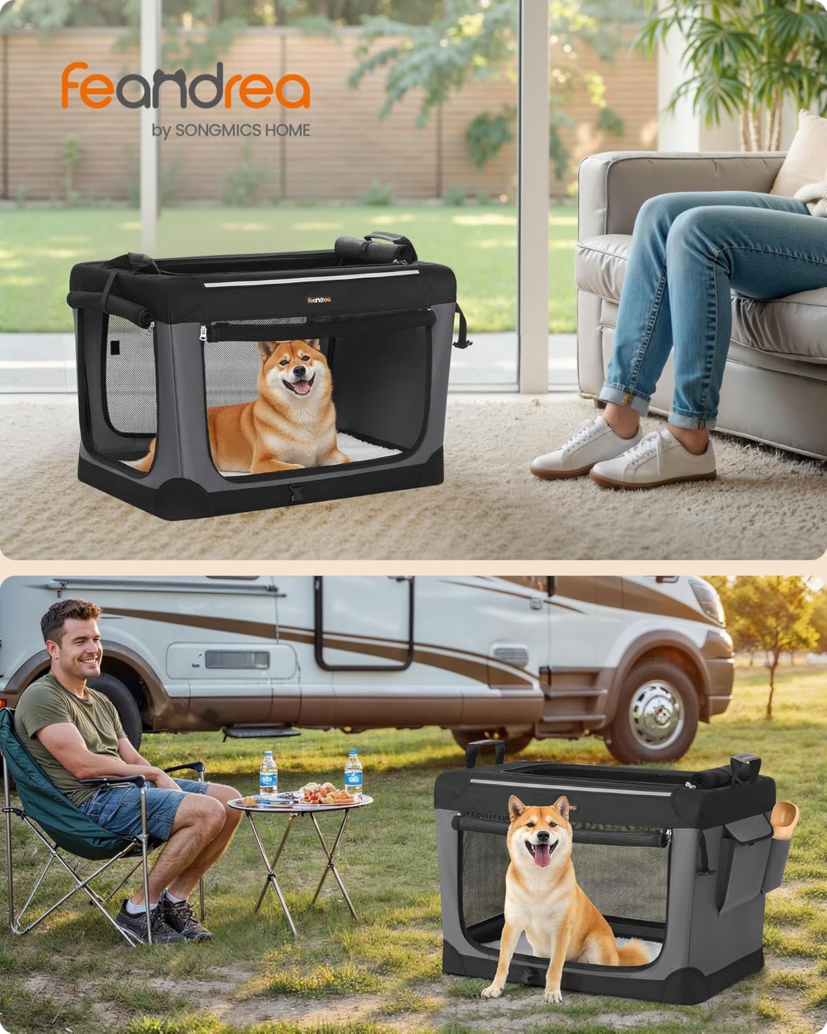 Feandrea Collapsible Dog Crate, 30-Inch Portable Dog Travel Crate for Medium Dogs, Oxford Fabric Pet Carrier with 4 Mesh Doors, Handles, Storage Pocket, Water Bottle Holder, Ink Black UPDC017B01