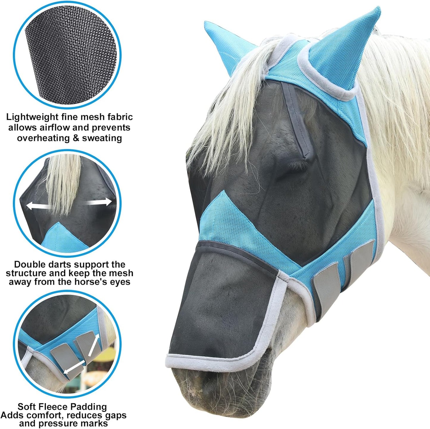 Horse Fly Mask with Ears & Long Nose Cover | Forelock Opening for Tangle-Free Mane Care | UV Protection & Breathable Mesh | No Rub Fit and Enhanced Visbility for Trail Riding Paleblue Full