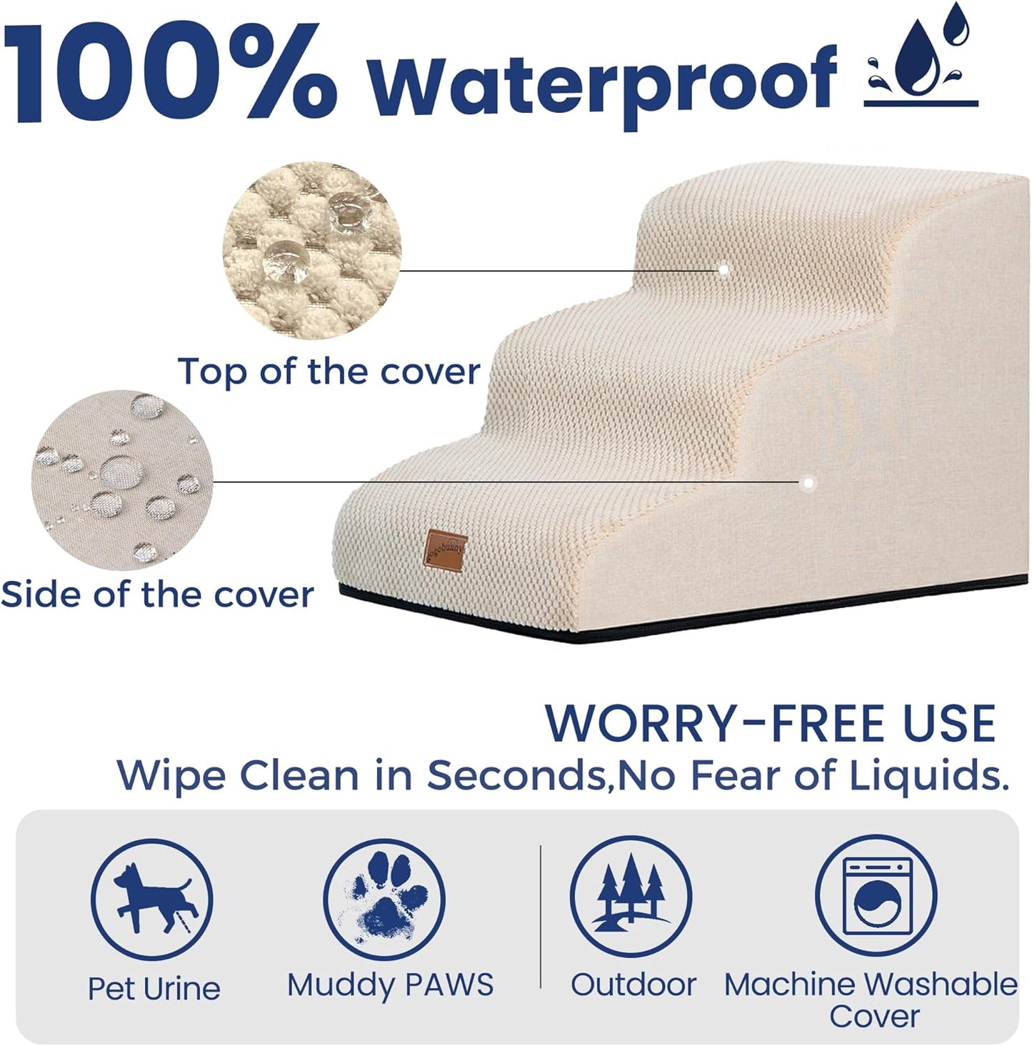 GoGoBunny Ramp Dog Stairs for Couch Sofa and Chair 15.7" H, 3-Step Pet Steps for Small Dogs and Cats, Non-Slip Waterproof Fabric Cover, Stable and Balanced Indoor Step, Pets Friendly, Beige