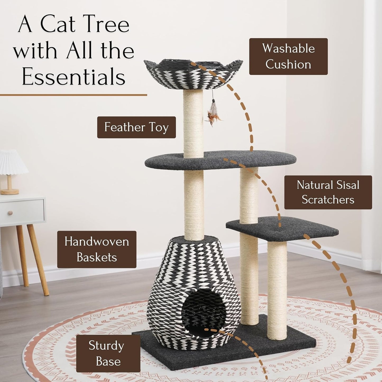PetPals Ace 4-Level Multi-Activity Cat Tree with Handwoven Recycled Paper Rope Condo and Top Nest Bed, Replaceable Sisal Scratching Posts, Feather Teaser Toy, Black & White