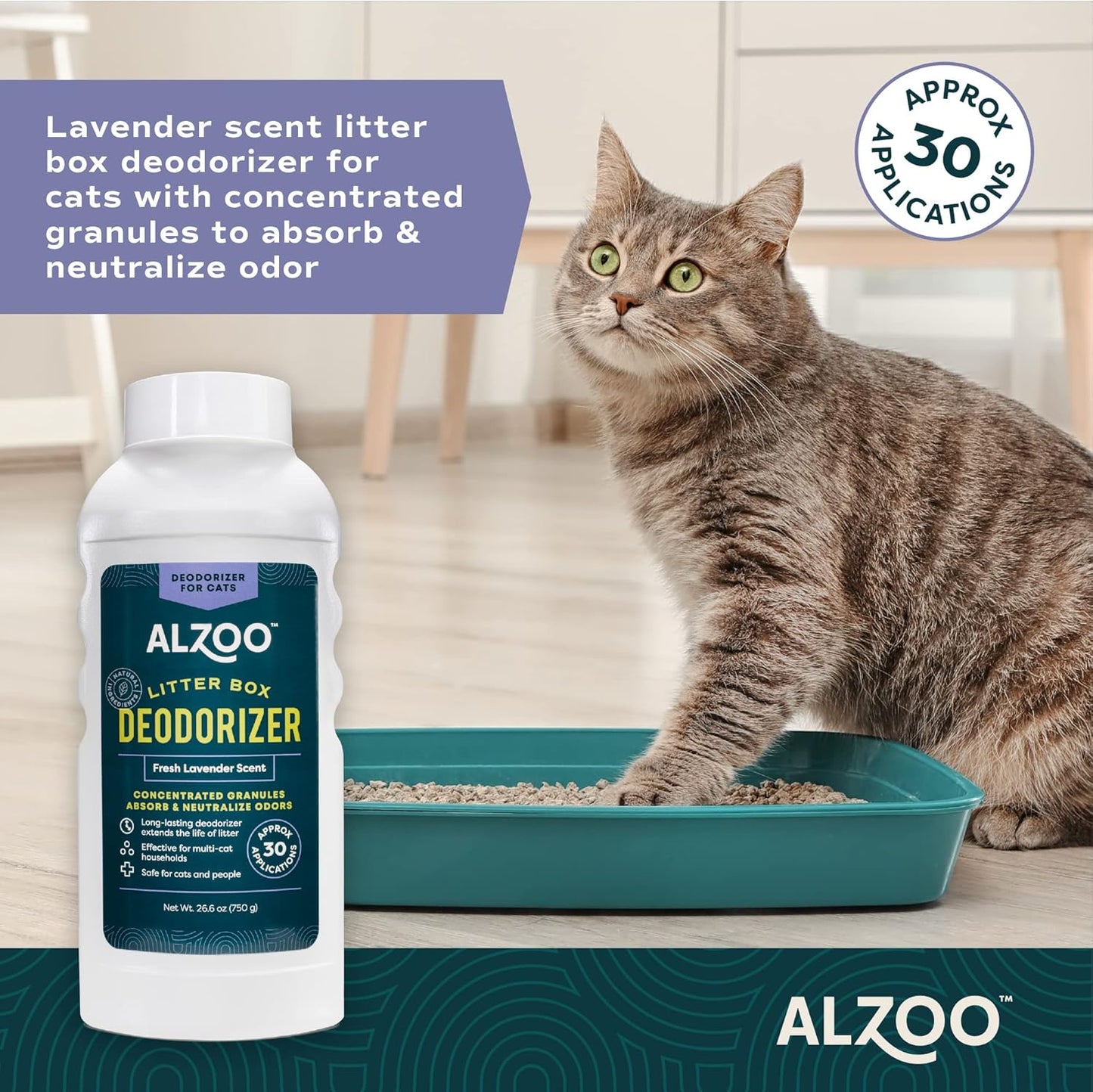 ALZOO Cat Litter Deodorizer, Concentrated Granules Absorb & Help Neutralize Odors, 100% Plant-Based Active Ingredients, Up to 30 Uses, Fresh Lavender Scent, 26.6 Oz., Pack of 2