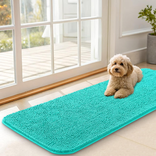 OLANLY Dog Door Mat for Muddy Paws 47x17, Absorbs Moisture and Dirt, Absorbent Non-Slip Washable Doormat, Quick Dry Chenille Mud Mat for Dogs, Entry Indoor Entryway Carpet for Inside Floor, Teal