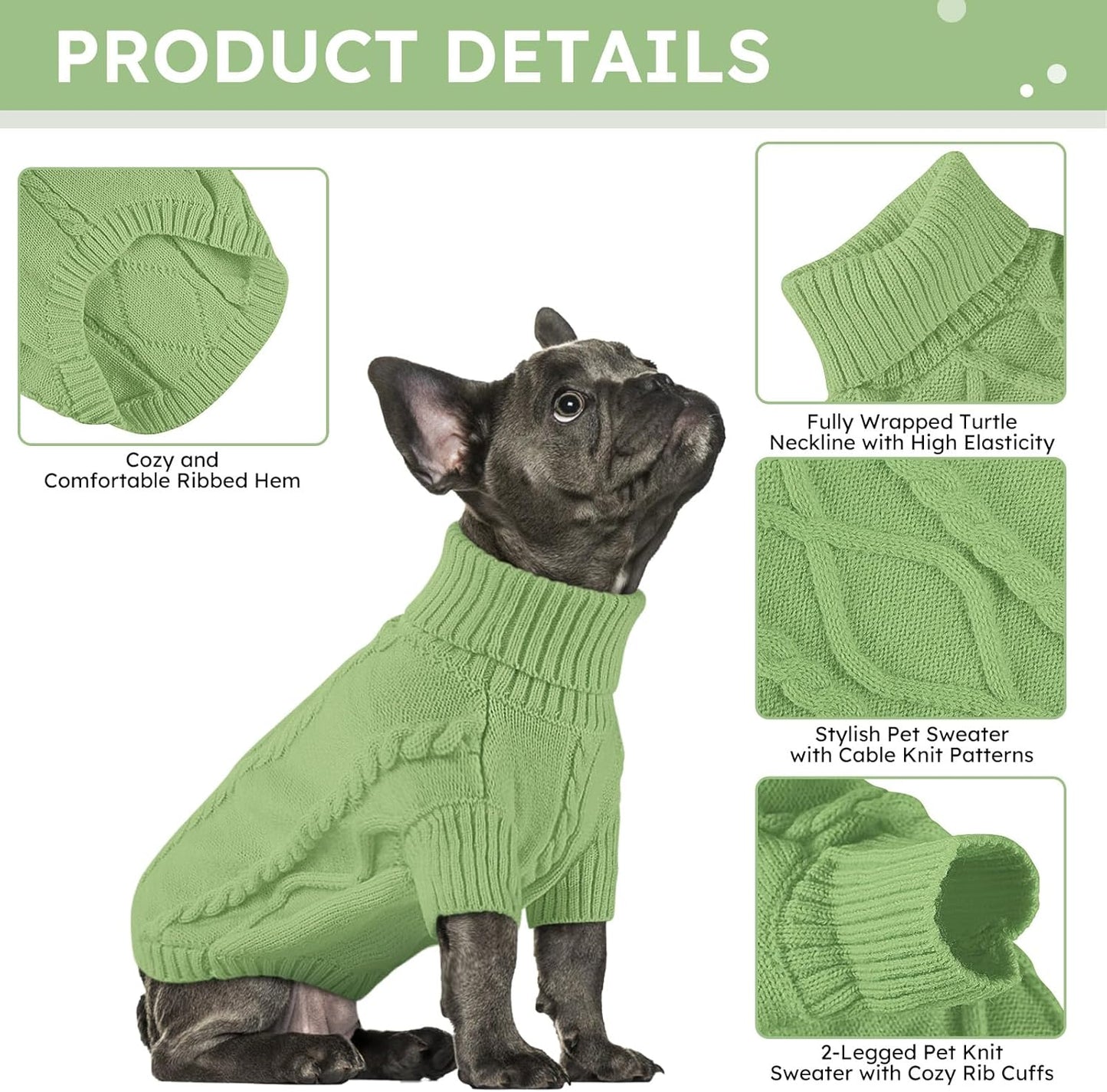 Queenmore Small Dog Pullover Sweater, Cold Weather Cable Knitwear, Classic Turtleneck Thick Warm Clothes for Chihuahua, Bulldog, Dachshund, Pug, Yorkie (Green, Medium)