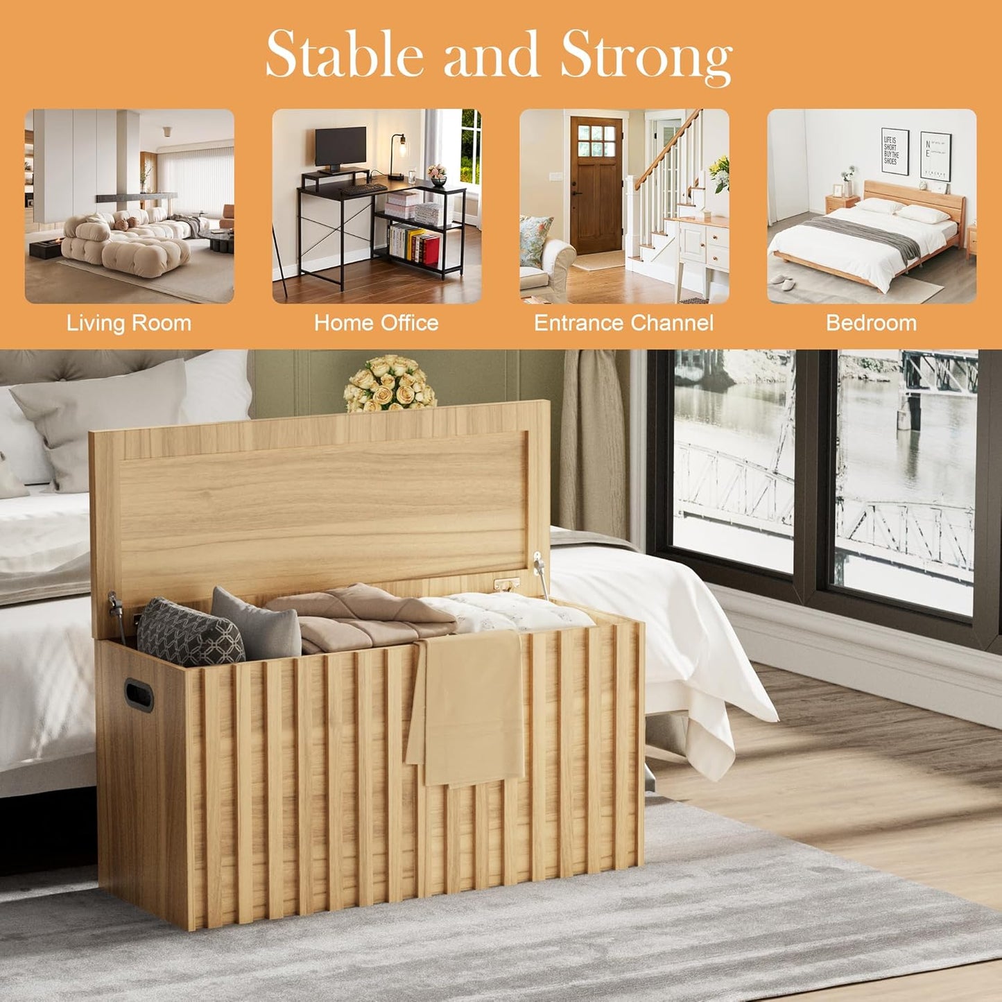 UEV Storage Bench,39.4" Wood Box, Storage Trunk with 2 Safety Hinges, Ottoman Storage Chest, Fluted Storage Bench for Bedroom, Entryway, Living Room(Natural Wood)