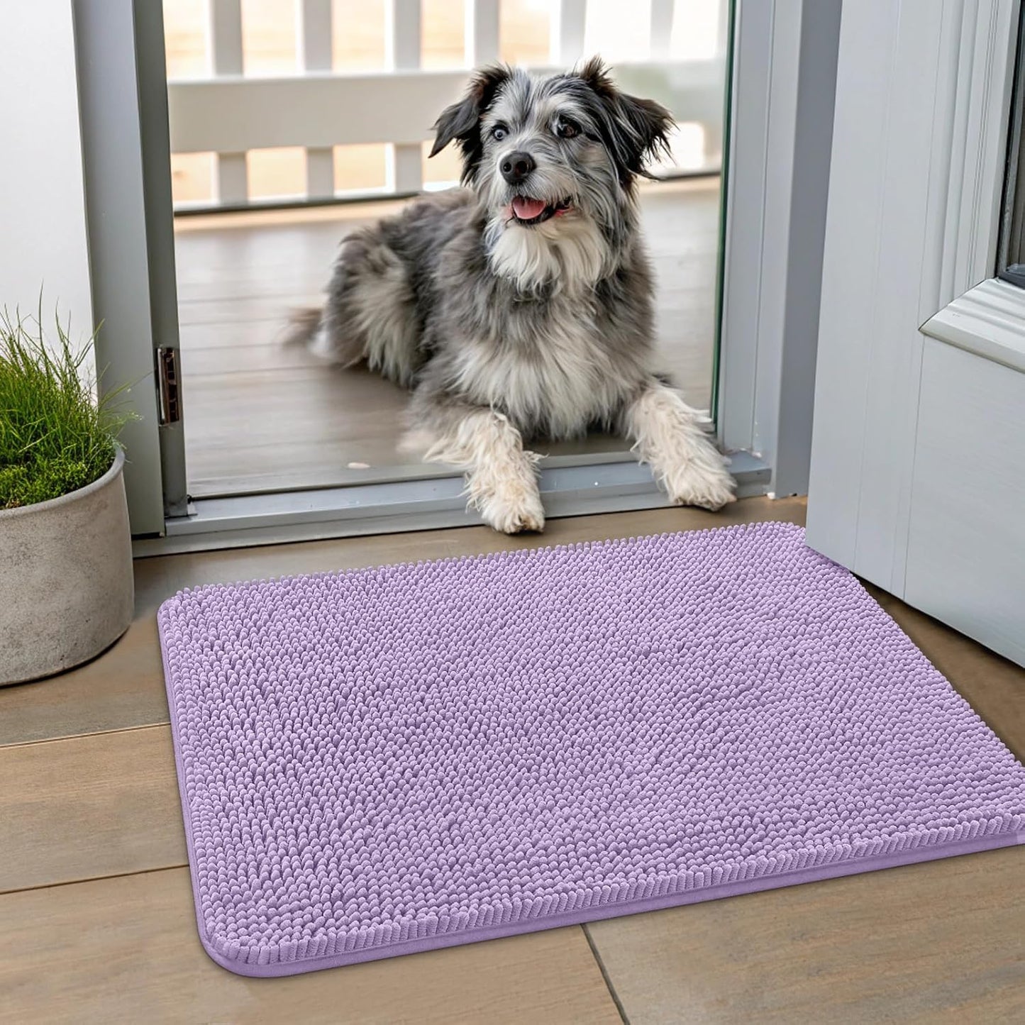 Smiry Dog Door Mat for Muddy Paws 24x16, Absorbs Moisture and Dirt Doormat, Non-Slip Washable Quick Dry Chenille Front Door Mat Indoor Entrance, Entryway Carpet for Inside Floor, Lavender