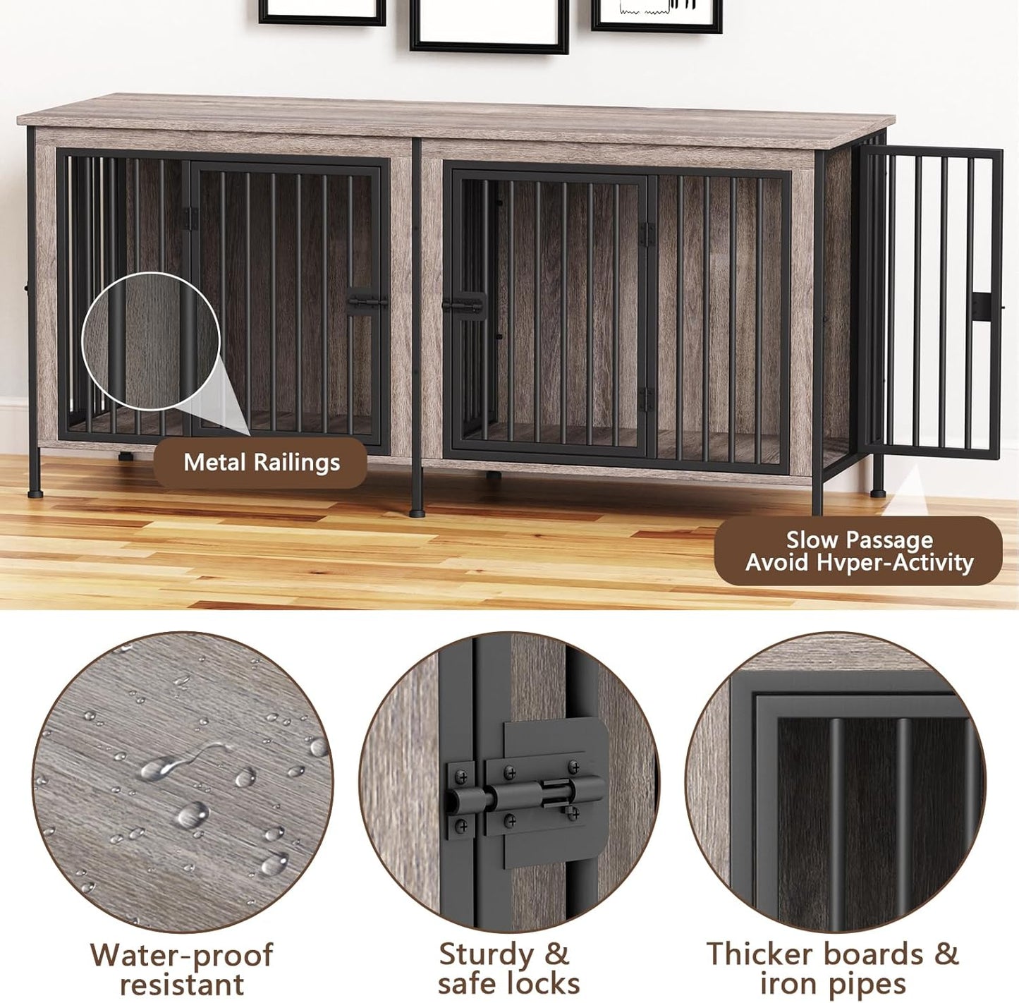 EasyCom 78 Inch Dog Cage Furniture for 2 Pets with Divider, XXL Wooden Double Dog Crate Furniture TV Stand for Mideum and Large Breed, Durable and Sturdy