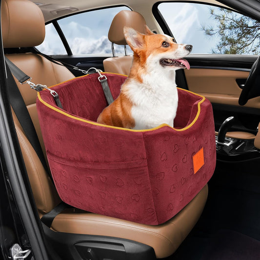 Dog Car Seat for Small Dogs, Memory Foam Booster Dog Seat for Dogs up to 35 lbs, Elevated Pet Car Seat, Travel Safety Pet Seat with Washable Removable Cover, Storage Pockets (Red)