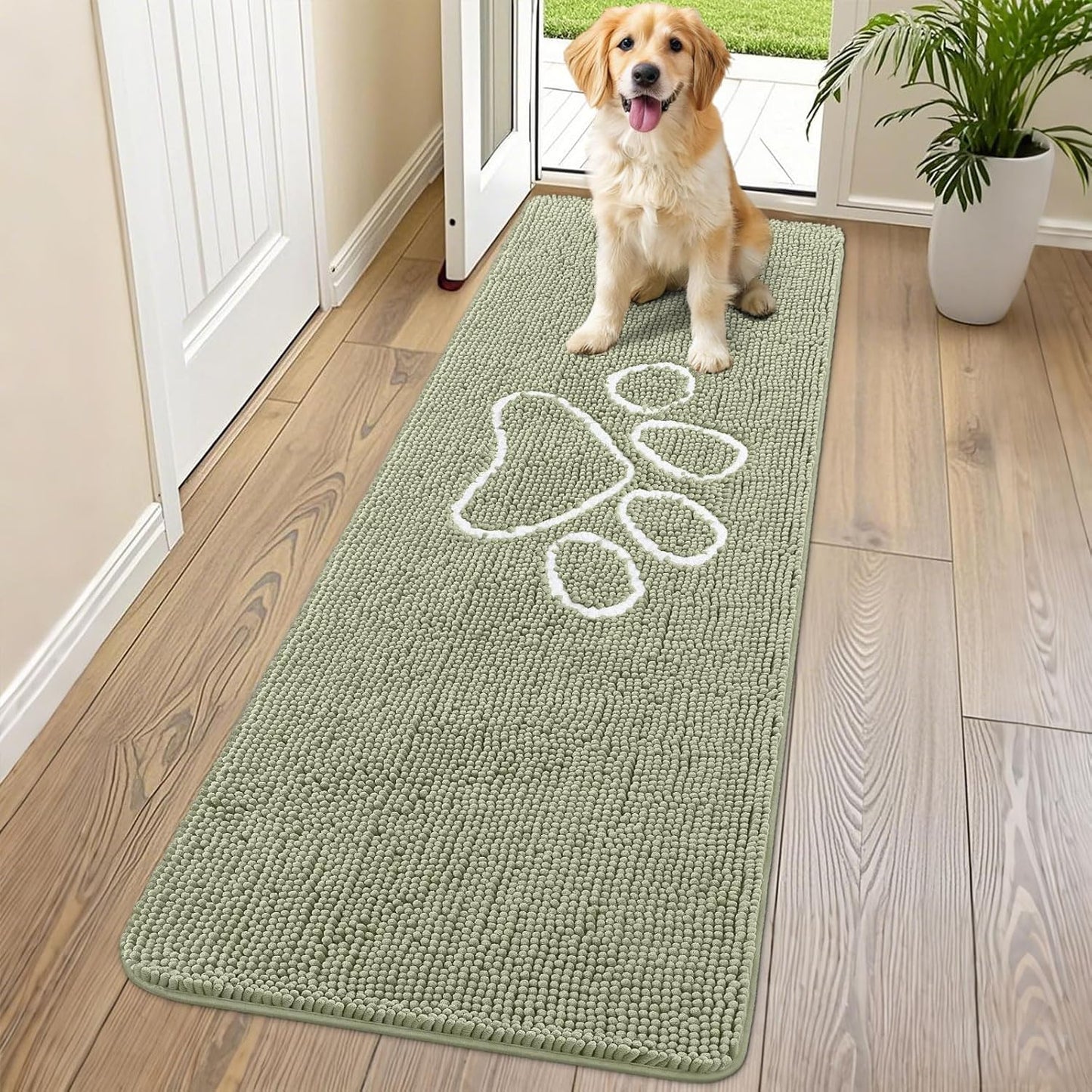 Smiry Dog Door Mat for Muddy Paws, Absorbent Dirt Trapper Non Slip Quick Dry Washable Chenille Mat for Mud Dogs, Entry Rug for Indoor and Outdoor (70x24 Inches, Sage Green)
