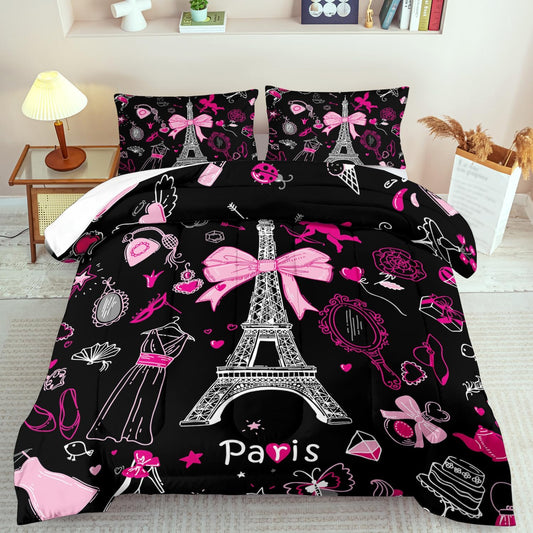 Eiffel Tower Comforter Set Full Size,Eiffel Tower Bedding Set for Girls, Pink and Black Paris Themed Comforter Bedroom Decor,Paris Quilt French Style Romantic Bedding