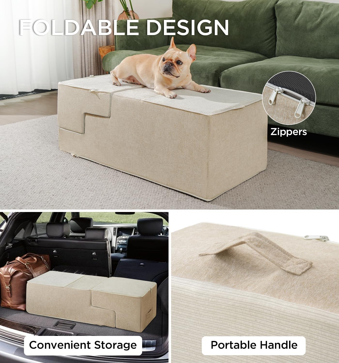 Made4Pets Dog Steps for Bed, Extra Wide Dog Stairs for High Bed Couch Sofa, 35D Foam Pet Steps for Small Dogs and Cats, Non-Slip Bottom Pet Stairs, Beige, 4 Steps