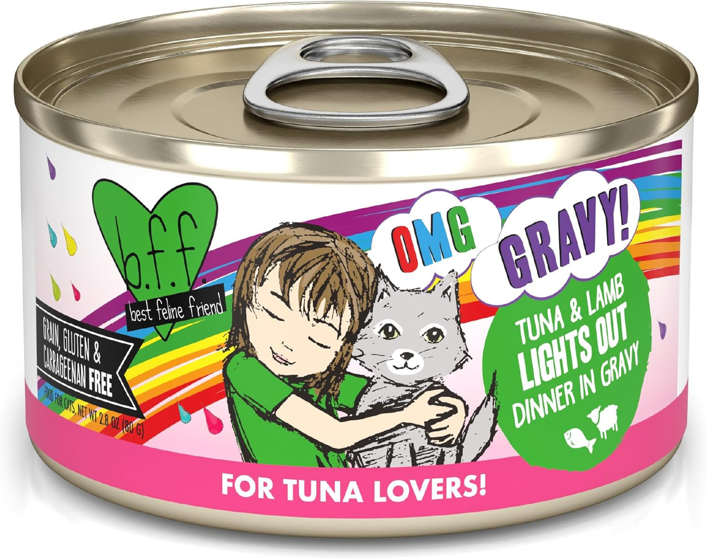 Weruva B.F.F. OMG - Best Feline Friend Oh My Gravy!, Tuna & Lamb Lights Out with Tuna & Lamb, 2.8oz Can (Pack of 12)