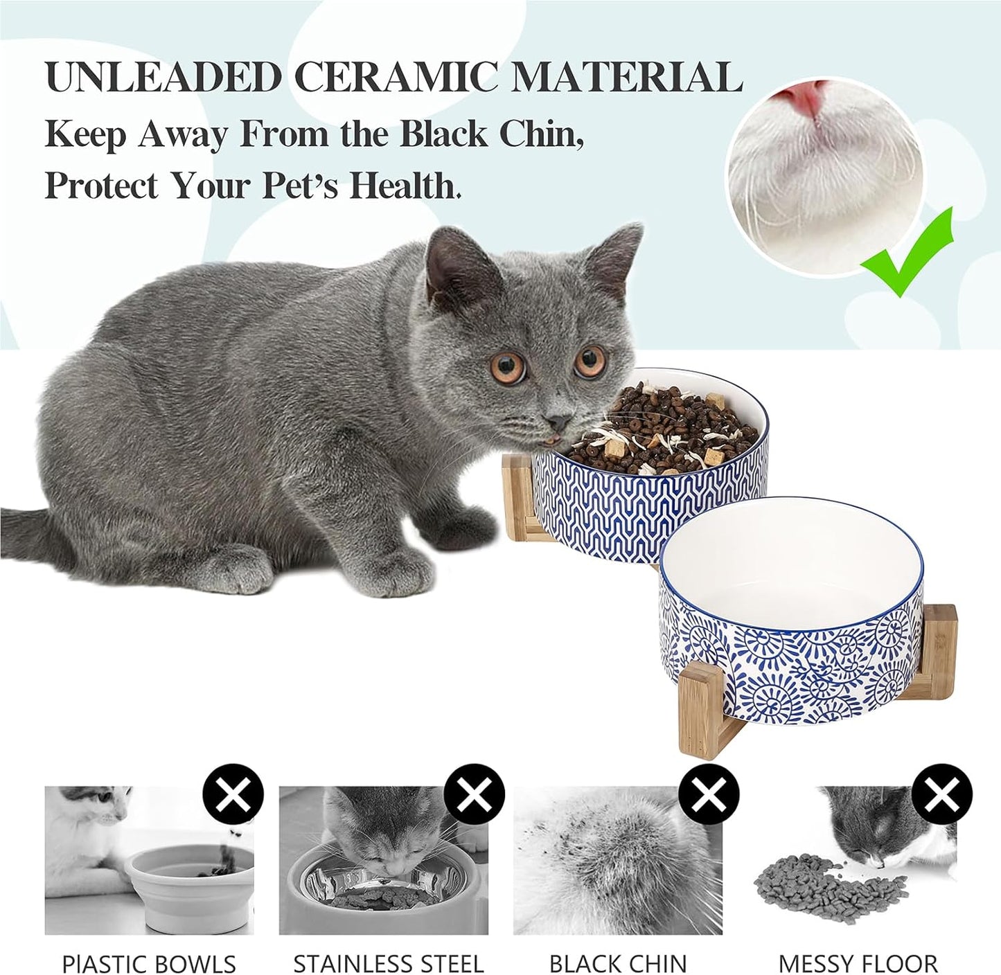 Selamica Ceramic 30 OZ Dog Bowls, Dog Food and Water Bowls with Wooden Stand, Anti-Slip Dog Dishes Set for Cats Small & Medium Sized Dogs, Weighted Pet Bowls Set of 2, Vintage Blue A