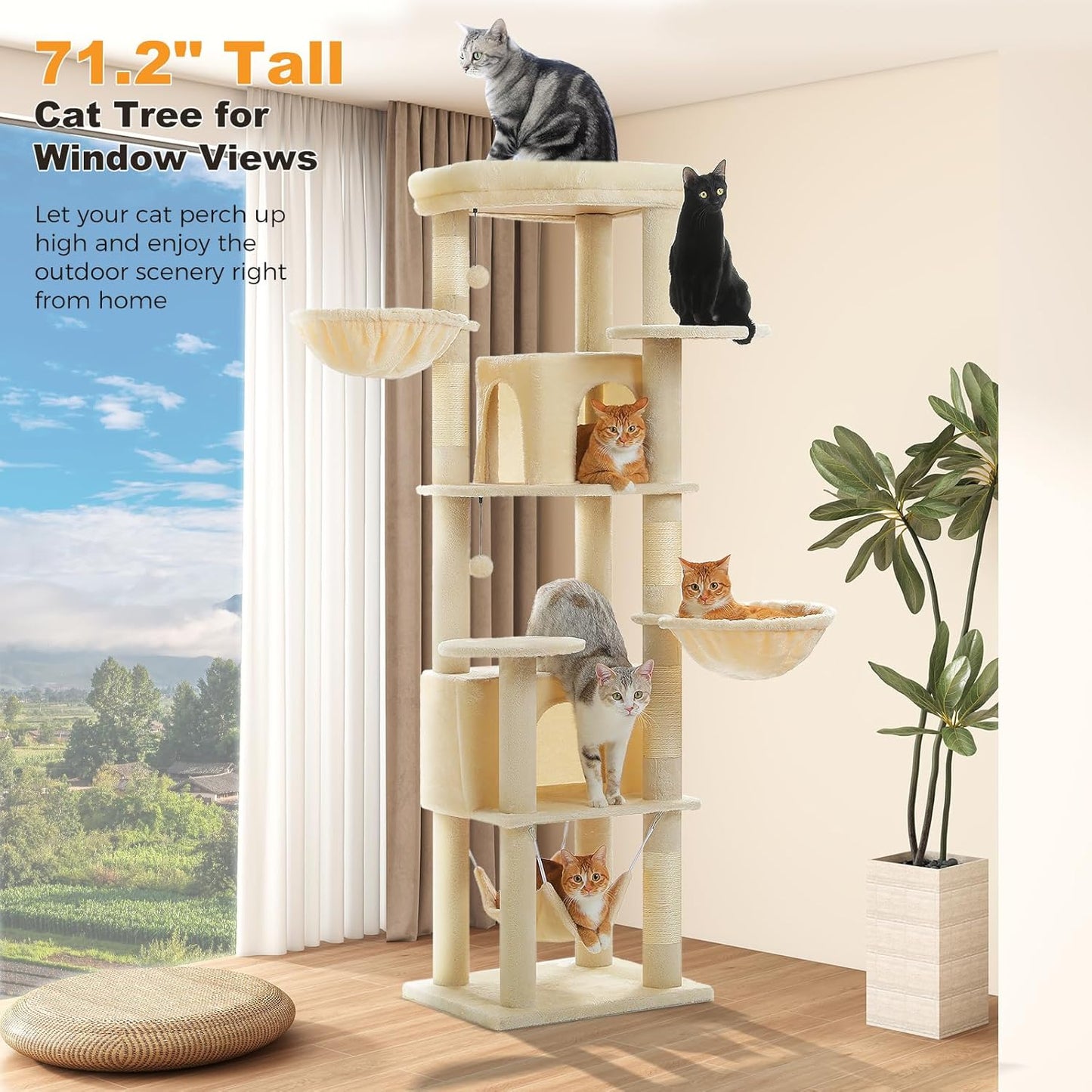 71.2" Tall Cat Tree for Indoor Cats - 9-Level Multi-Cat Tower w/5 Sisal Scratching Posts, 2 Condos, 3 Hammocks, Perch & Pom Poms - Heavy-Duty for Adult Cats, Space-Saving Plush Beige