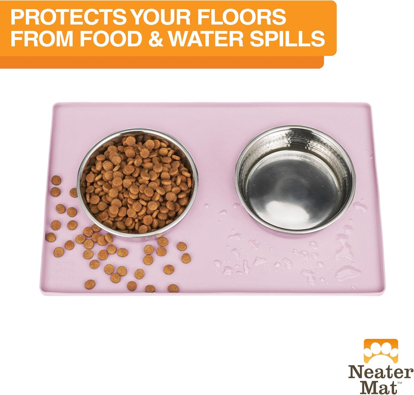 Neater Pet Brands Neater Mat Pet Mats for Food and Water, Cat & Dog Bowl Mat Waterproof Silicone, Feeding Tray, Dog Food Mats for Floors, Placemat w/Raised Edge for Under Bowls, 19” x 12”, Light Pink