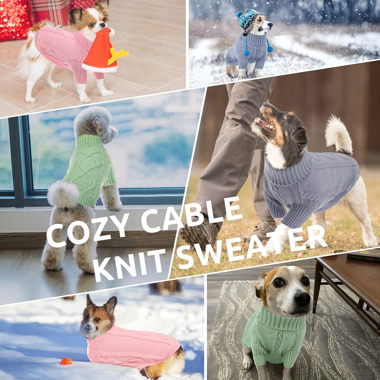 Queenmore Small Dog Pullover Sweater, Cold Weather Cable Knitwear, Classic Turtleneck Thick Warm Clothes for Chihuahua, Bulldog, Dachshund, Pug, Yorkie (Grey, Large)