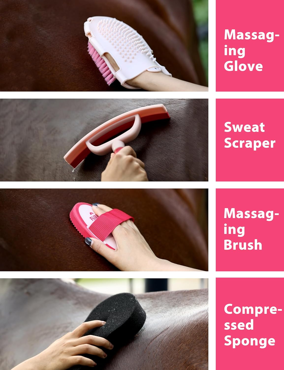 11PCS Horse Grooming Kit Curry Comb Sweat Scraper Horse Bathing Supplies Grooming Tools with Storage Bag Pink Garnet