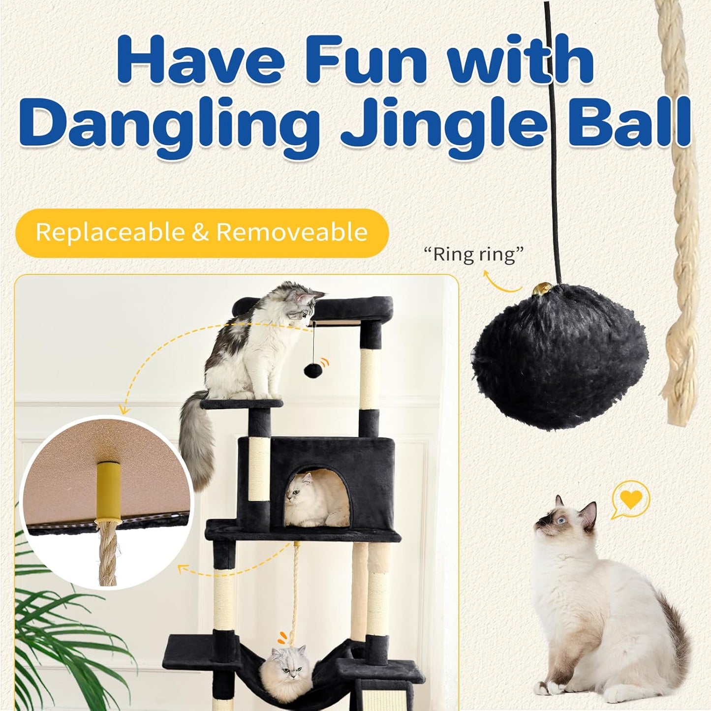 Cat Tree Tower 63in Multi-Level Cat Tower for Indoor Cats with Sisal Scratching Posts, Condo, Hammock, Dangling Ball and Extended Platform for Cats to Play, Black