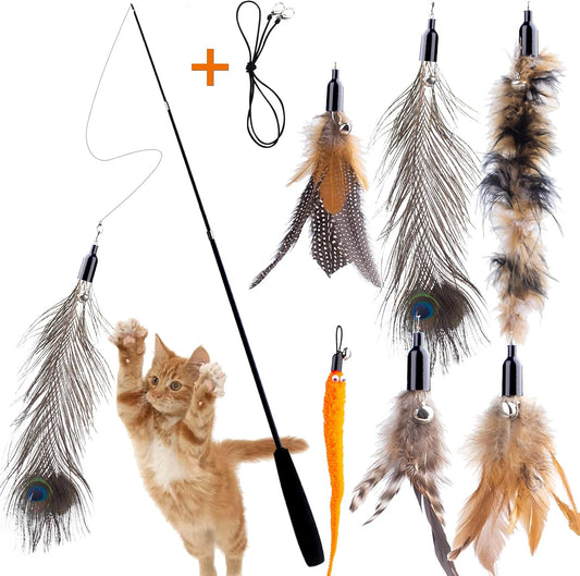 Retractable Cat Wand Toys - Interactive Feather Wand with Bell for Indoor/Outdoor Cats, 8 Pack