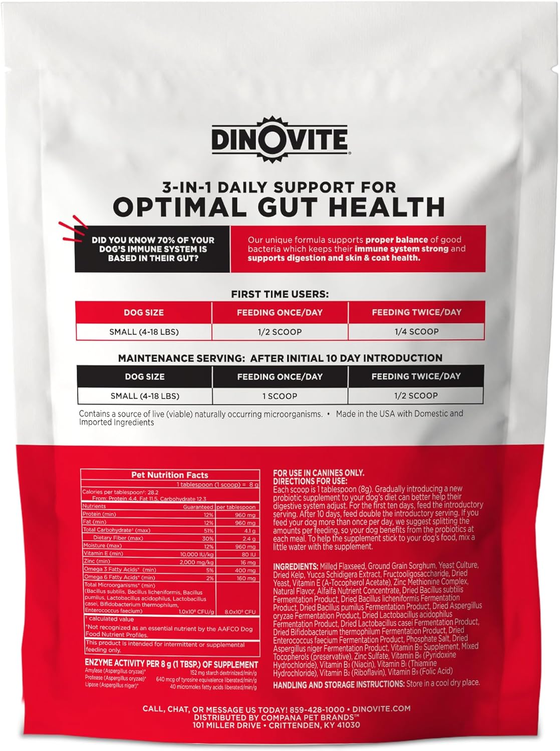 Dinovite 3 in 1 Probiotic for Small Dogs, Skin & Coat, Digestive Health & Joint Relief, Dog Food Toppers, Immune Support, Allergy Relief & Itch Relief Skin Care, 30 Servings (1-18lb)