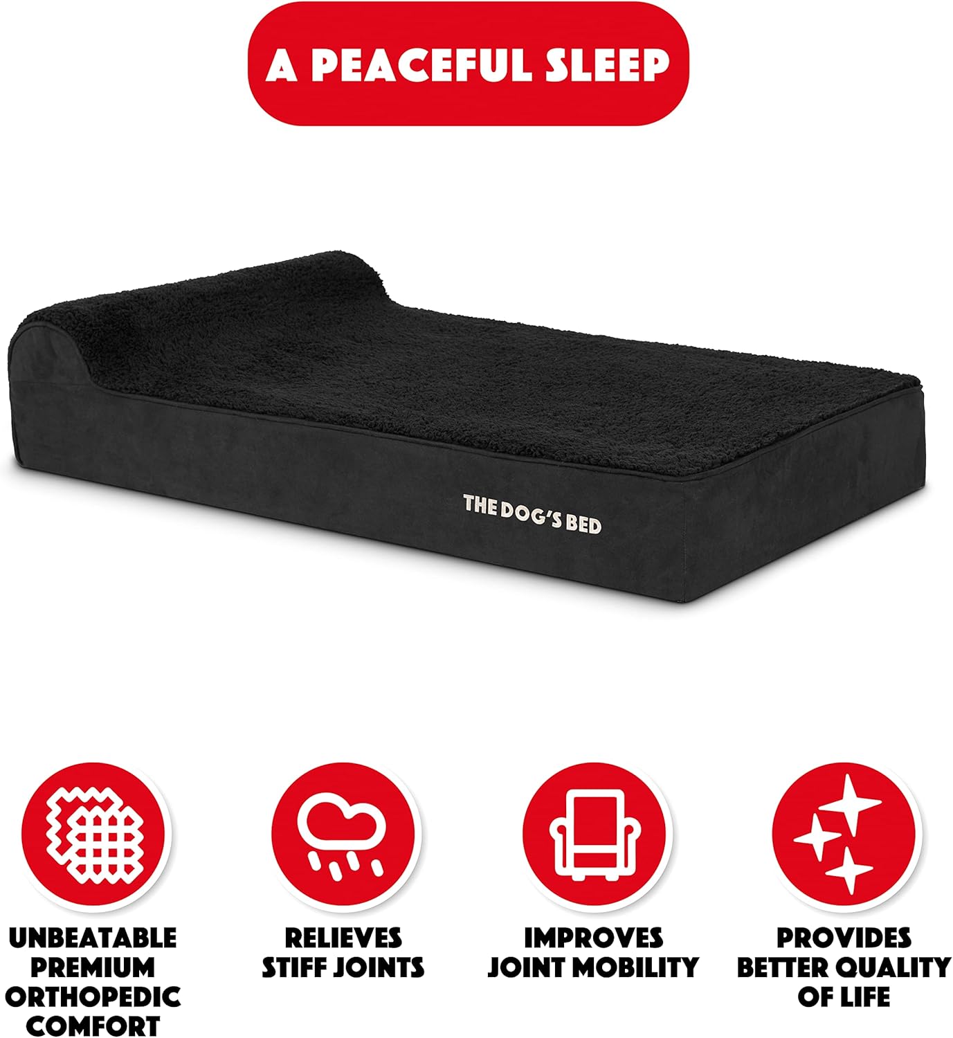 The Dog’s Bed Orthopedic Headrest Dog Bed XL Black Plush 46x28, Memory Foam, Pain Relief for Arthritis, Hip & Elbow Dysplasia, Post Surgery, Lameness, Veterinary Approved, Waterproof Washable Cover