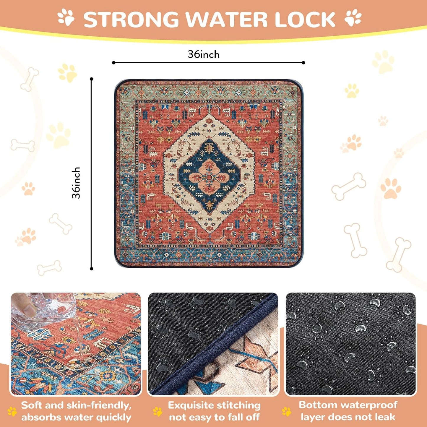 Lahome Super Absorbent Washable Pee Pads for Dogs - Secure Floor Protection - Non-Slip, Leakproof Reusable Pads for Training, Crates & Playpens (2 Pack, 36"x36", Red)