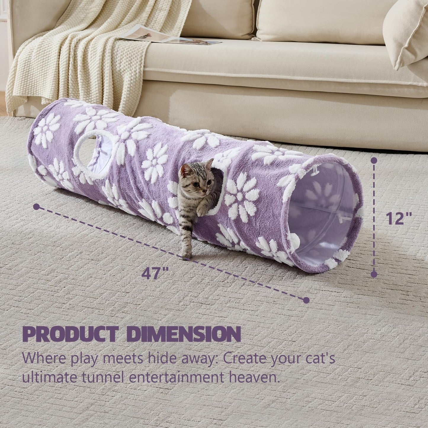 Straight Cat Tunnel for Indoor Cats 47"x12", Cute Cat Toys Collapsible Tunnel Tube with Balls for Puppy Kitten Rabbit, Purple Flower
