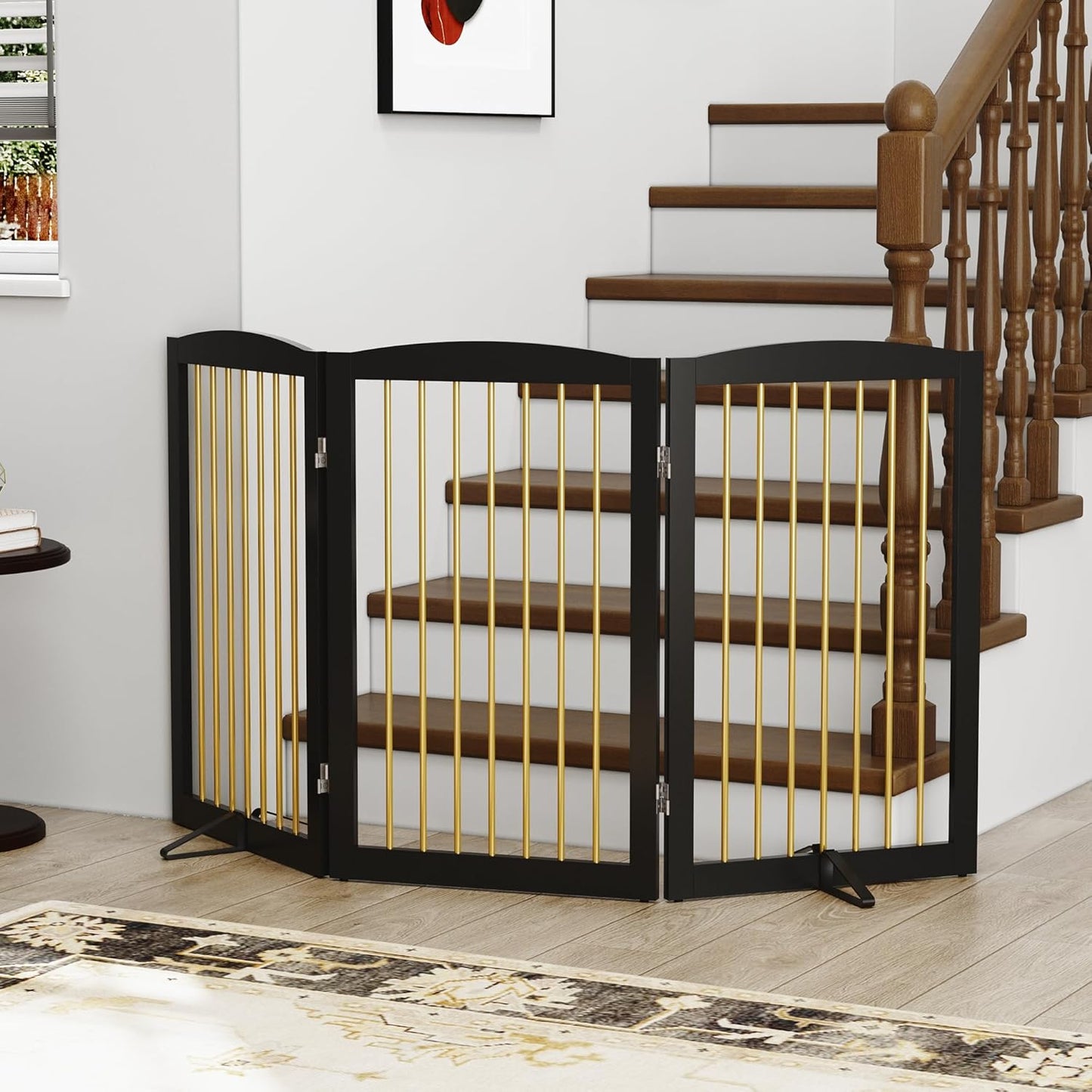 Freestanding Pet Gate for Dogs, Foldable Wooden Dog Gate for House Indoor, Step Over Pet Puppy Safety Fence for Stair, Doorway,Hall, Support Feet Included,3 Panels 32",Black&Gold