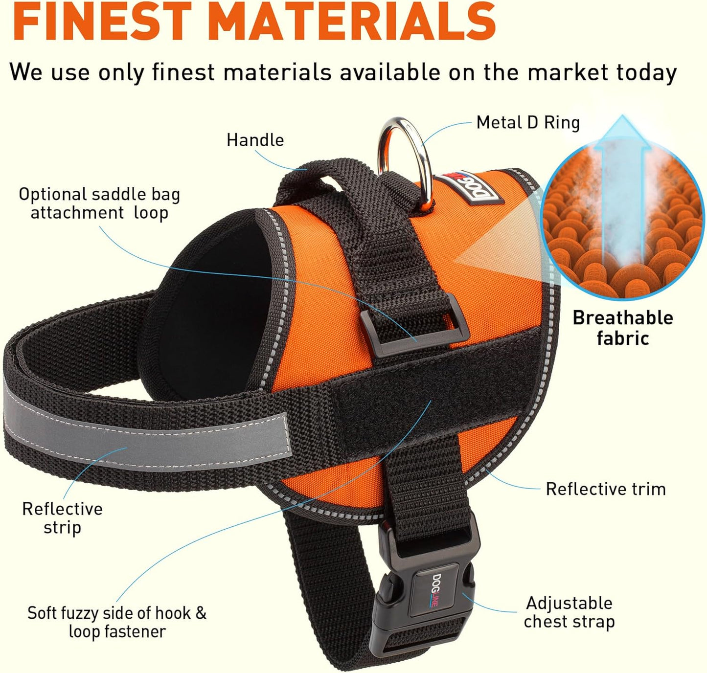 Dogline Dog Harness, Reflective No-Pull Adjustable Vest with Handle for Walking, Training, Breathable, No - Choke Harness for Small, Medium or Large Dogs Room for Patches Girth 22"-28" in Orange