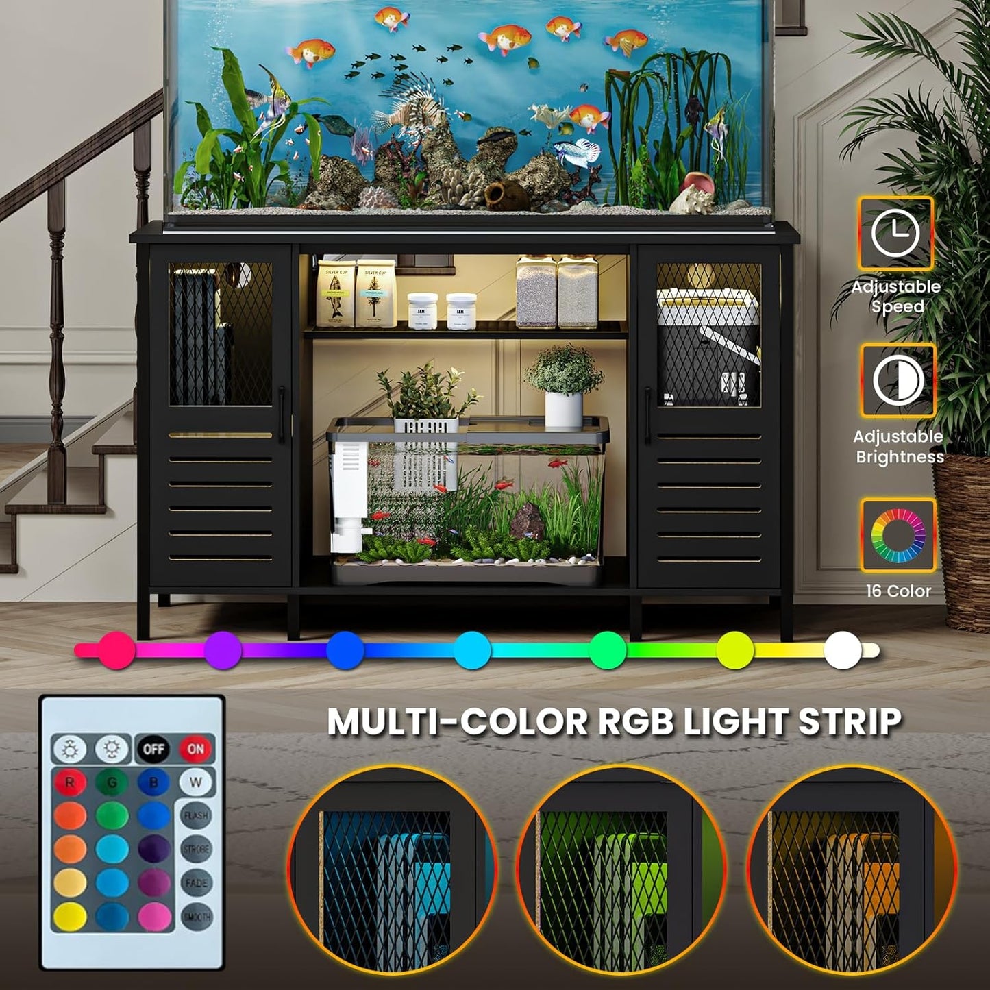 EAG 55-75 Gallon Fish Tank Stand with Power Outlets & LED Light, Heavy Duty Aquarium Stand with Adjustable Shelves, Turtle Reptile Terrarium Tank Stand with Cabinet, 1250LBS Capacity, Black