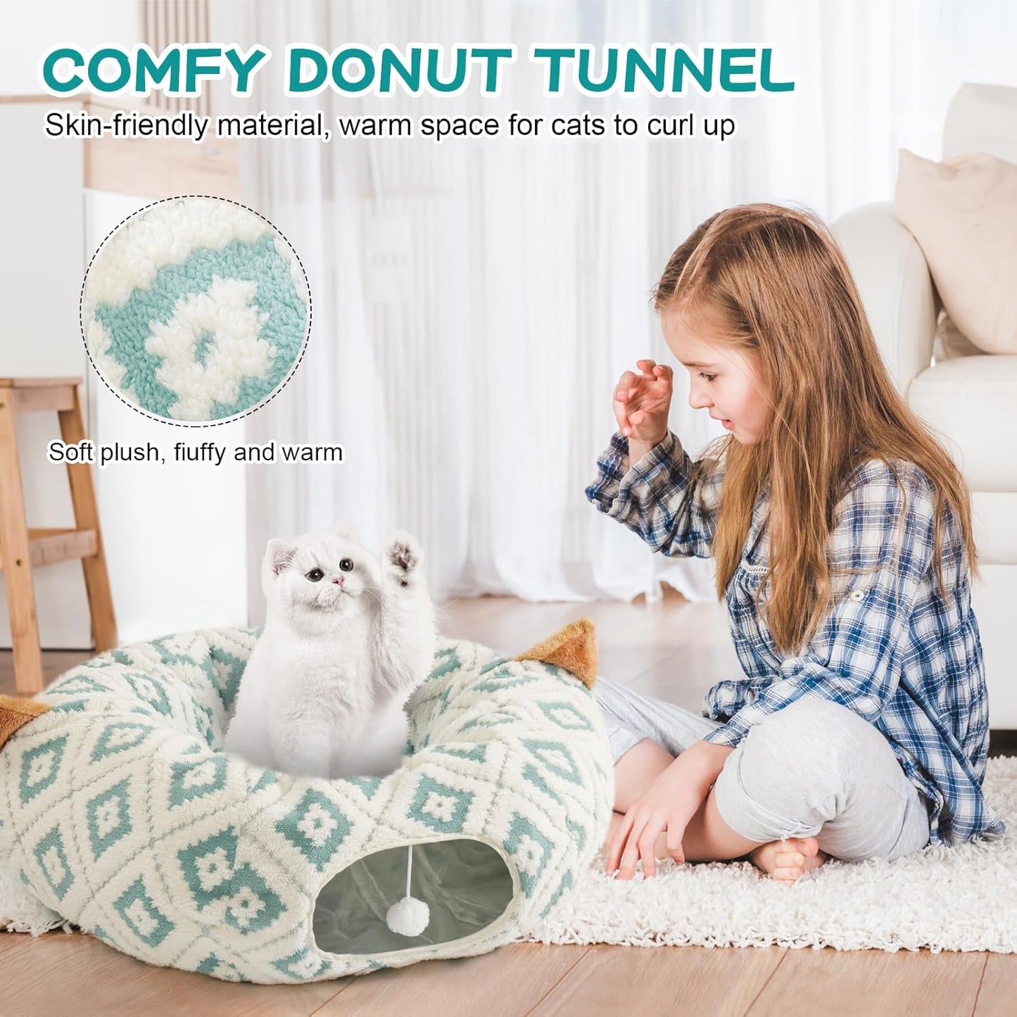 Cat Tunnel Bed with Soft Cushion, Cat Donut Tunnels for Indoor Cats, Peekaboo Cat Cave Toy, Multifunctional Playground Toys for Kittens, Rabbit, Blue Jacquard Pattern