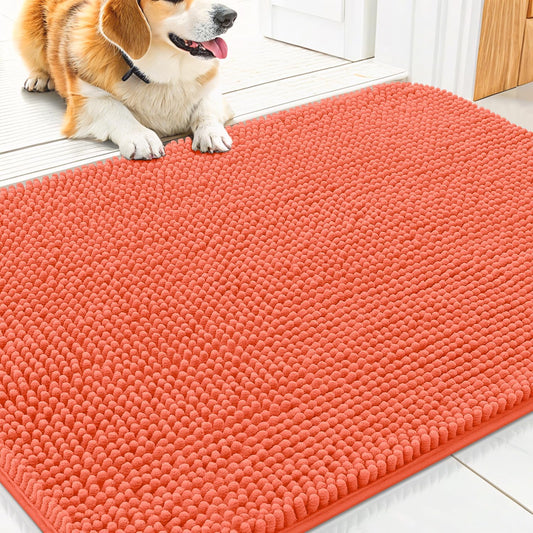 Smiry Dog Door Mat for Muddy Paws 30x20, Absorbs Moisture and Dirt Doormat, Non-Slip Washable Quick Dry Chenille Front Door Mat Indoor Entrance, Entryway Carpet for Inside Floor, Coral
