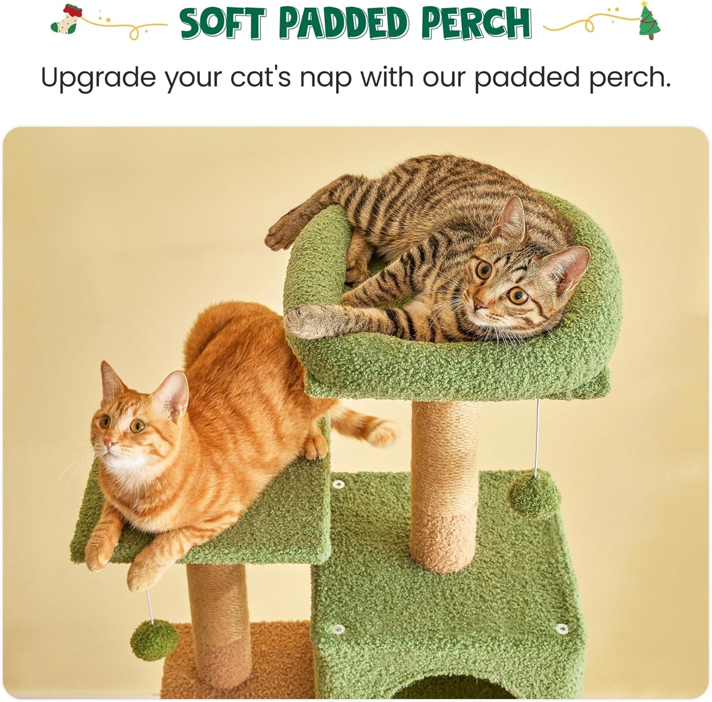 MWPO 63.8 Inches Green Cat Tree for Indoor Cats, Multi-Level Cat Tower with Sisal-Covered Scratching Posts, Padded Platform, Hammock, Dangling Toys, Stable Cat Condo Pet Play House