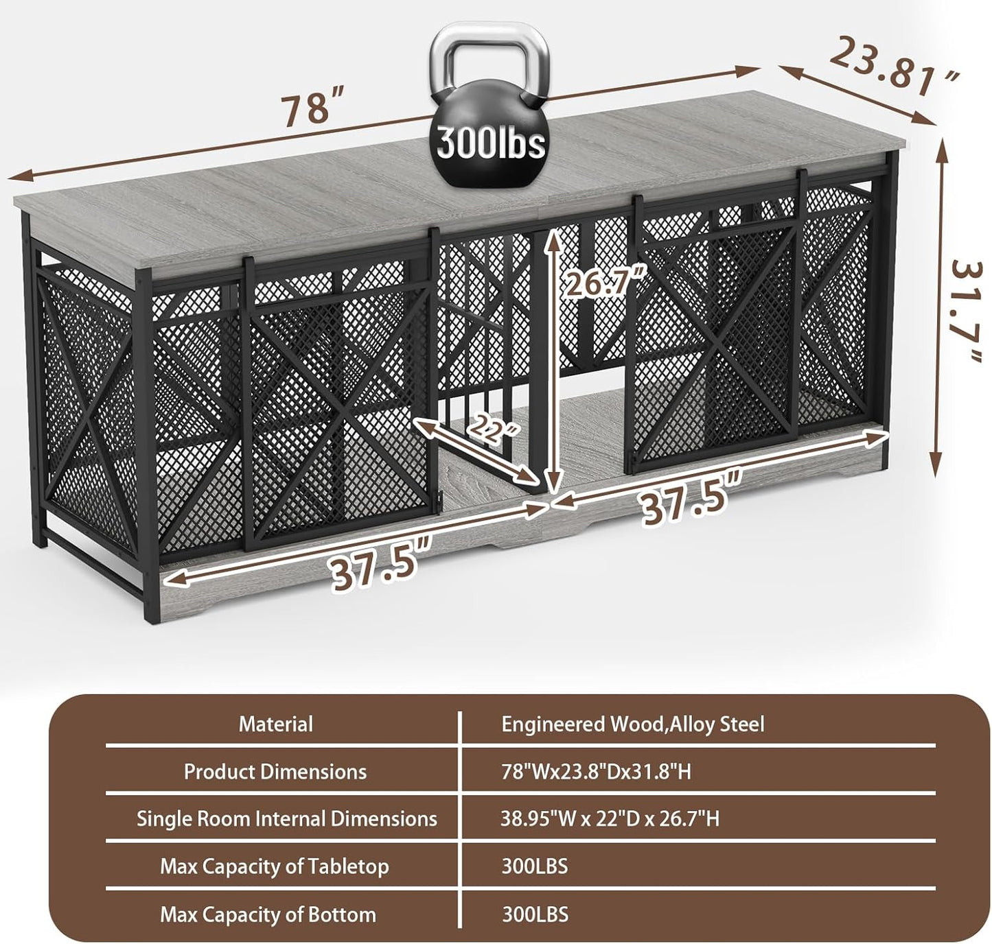 COZPAW 78 Inch Double Dog Crate Furniture, Extra Large Dog Kennel Indoor for Medium Large 2 Dogs, Heavy Duty Dog Cage Chew-Resistant Steel and Wooden Pet House with Removable Divider (Grey)