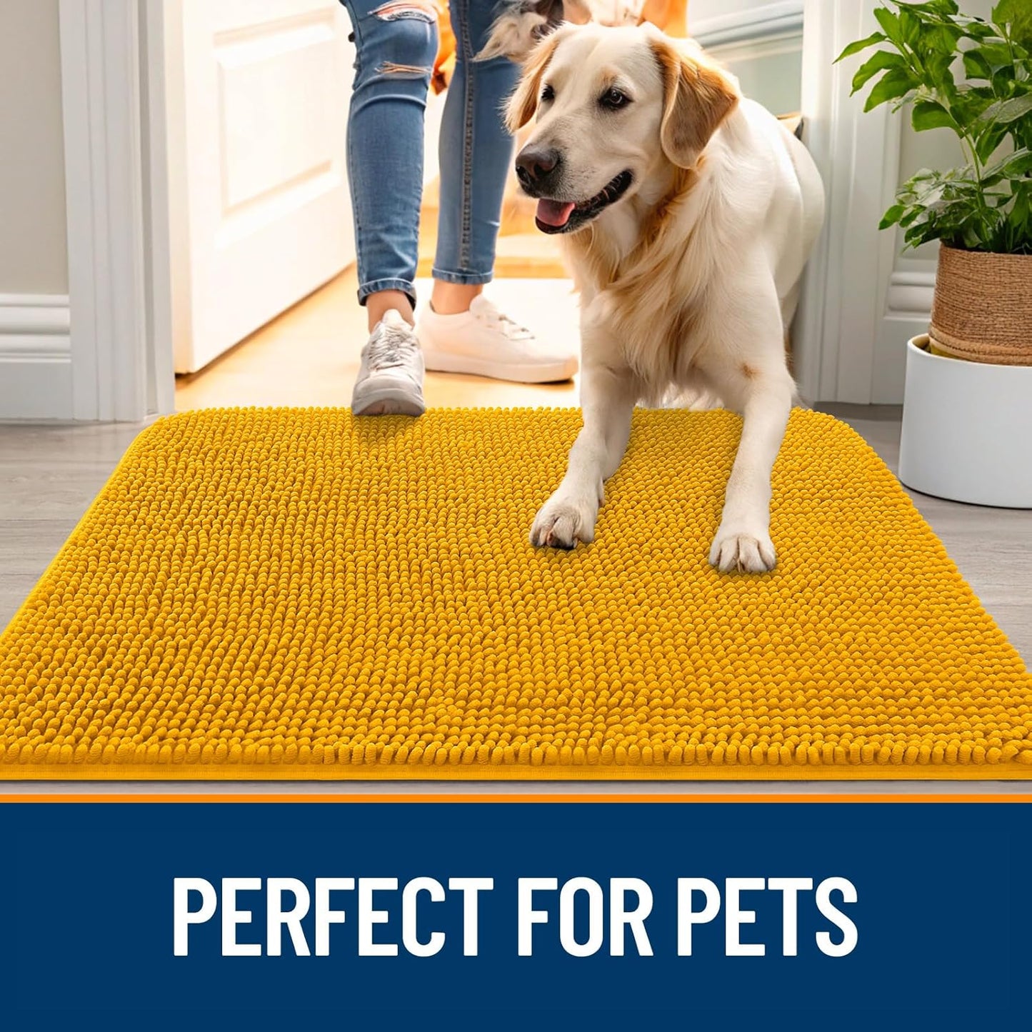 OLANLY Dog Door Mat for Muddy Paws 44x24, Absorbs Moisture and Dirt, Absorbent Non-Slip Washable Doormat, Quick Dry Chenille Mud Mat, Entry Indoor Entryway Carpet for Inside Floor, Golden Yellow
