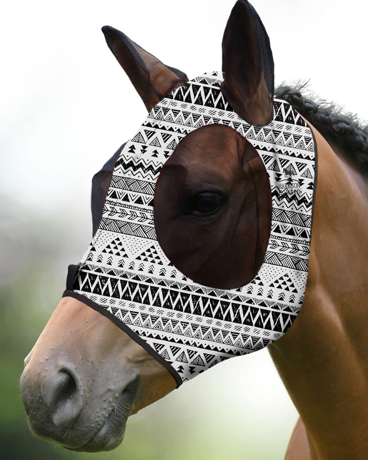 Harrison Howard Super Comfort Stretchy Fly Mask Large Eye Space with UV Protection Soft on Skin with Breathability Doodle Aztec Full Size