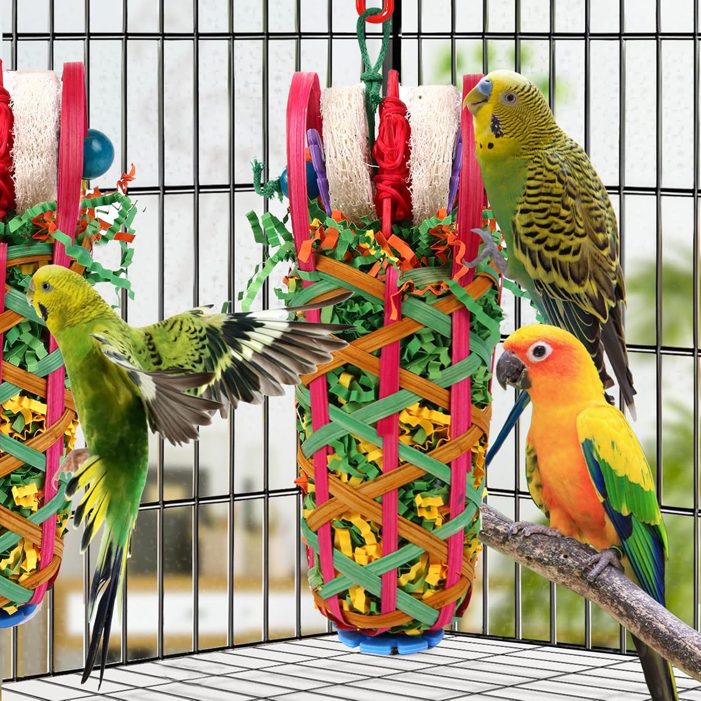 Kyouki Parrot Toy,2 PCS Bird Toy - Suitable for Cockatoos, Parakeets, Conures, Love Birds, Small and Medium-Sized Parrots for Tearing and Foraging Bird Cage Toysr(Multicolor Basket)