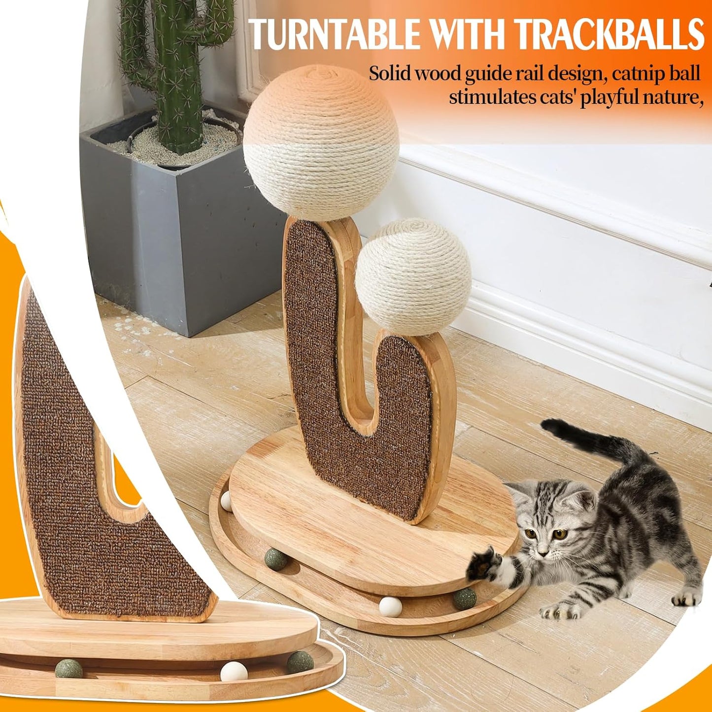 Cactus-Shaped Cat Scratching Post with Cat Scratcher, Interactive Toy Balls, Handmade with Natural Materials, Cute Cat Scratching Post, Easy-to-Clean Cat Furniture