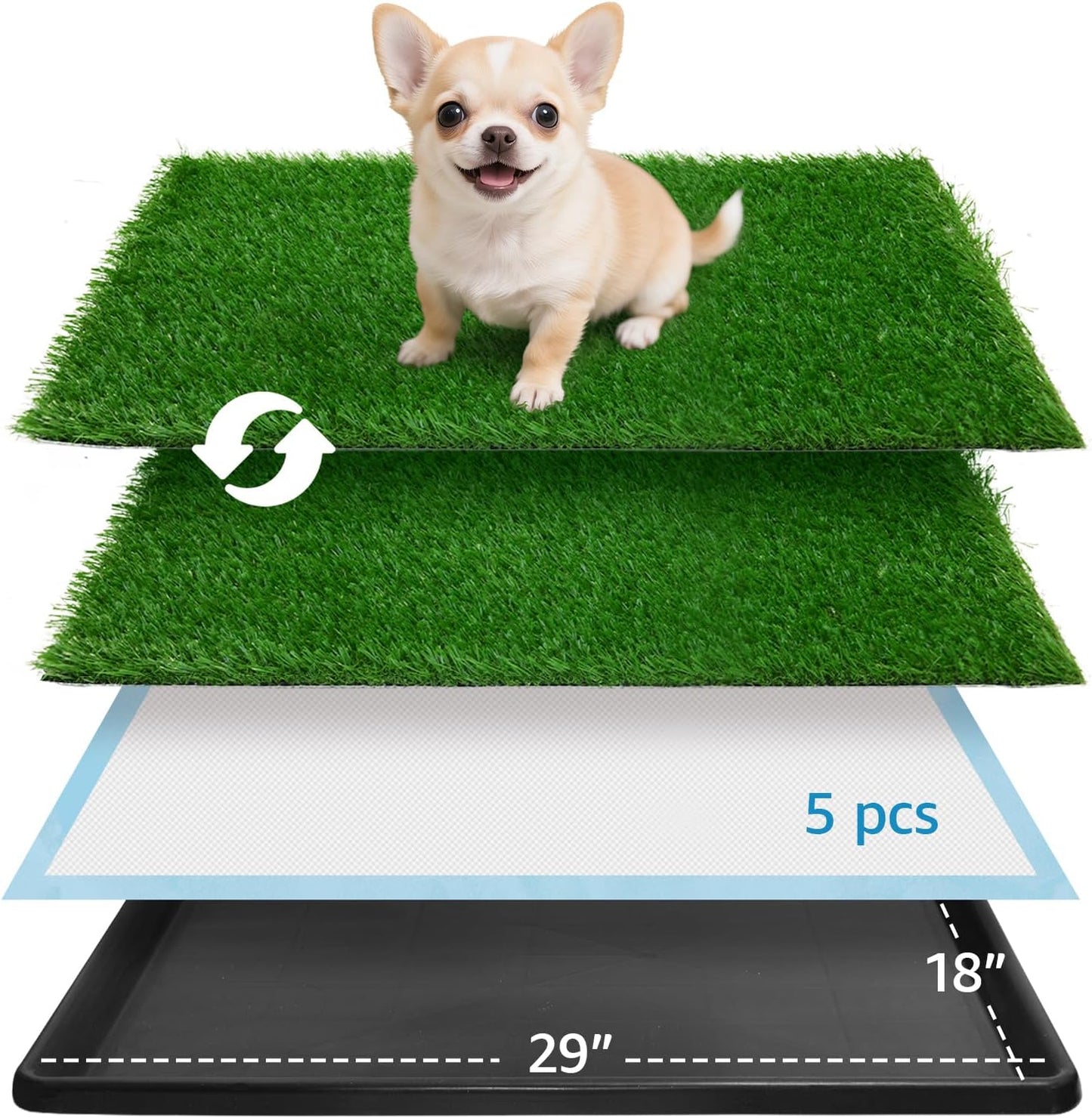 Dog Grass pad with Tray,29”x 18” Indoor Dog Potty with 2 Packs Replacement Artificial Fake Grass-5 Packs Disposable Puppy Pads,for Puppy Training Apartment,Apartment Use