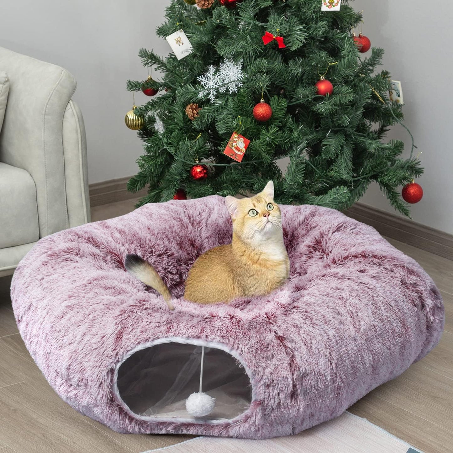 AUOON Cat Tunnel Bed for Indoor Cats - Circle Peekaboo Cat Cave with Washable Mat for Indoor Cats Kitten Kitty Puppy Rabbit Ferret (Rosiness)