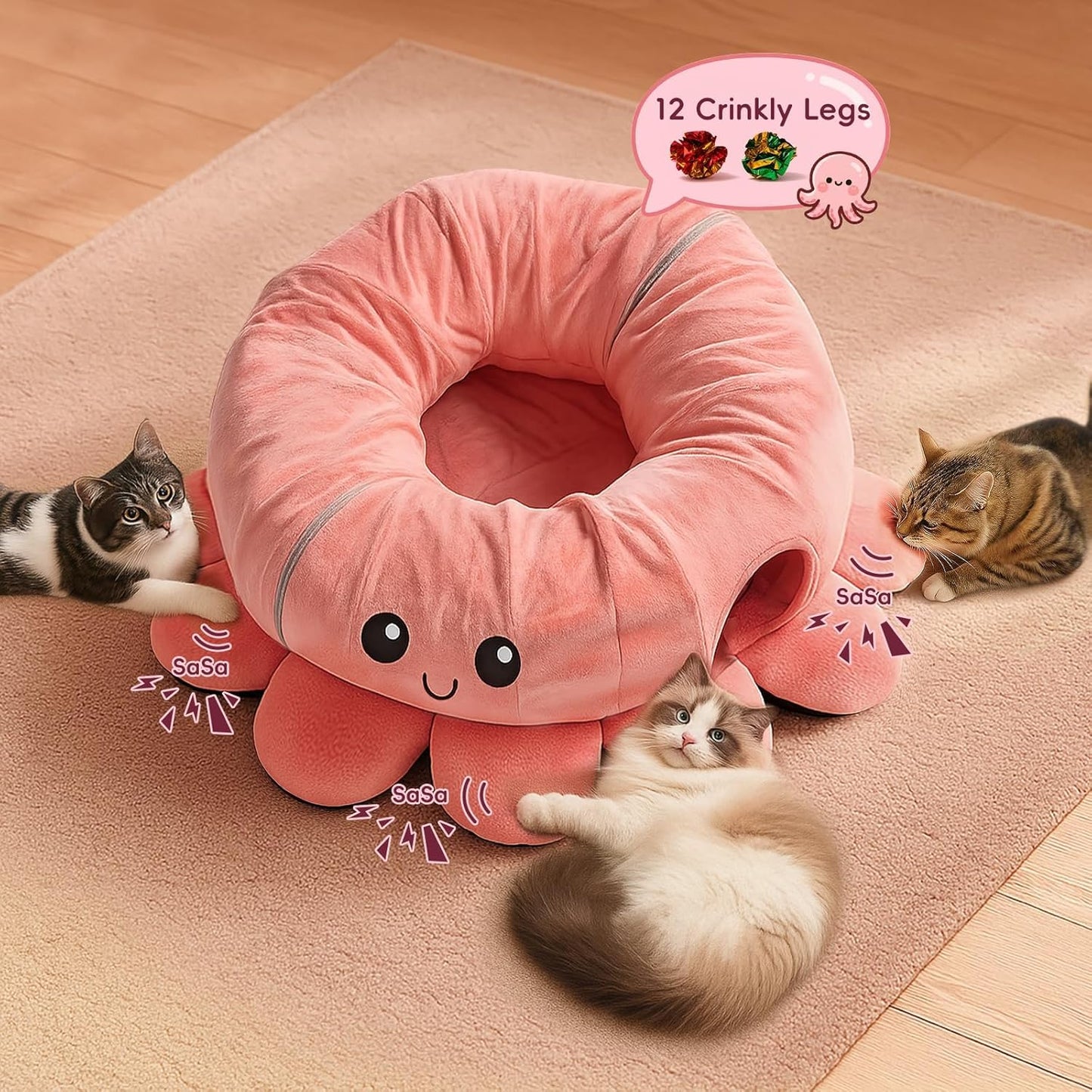 Cat Tunnel Bed for Indoor Cats, Peekaboo Cat Cave Bed,Soft Cat Donut Tunnel for Kitten Large Cats, Cute Pink Octopus Shaped