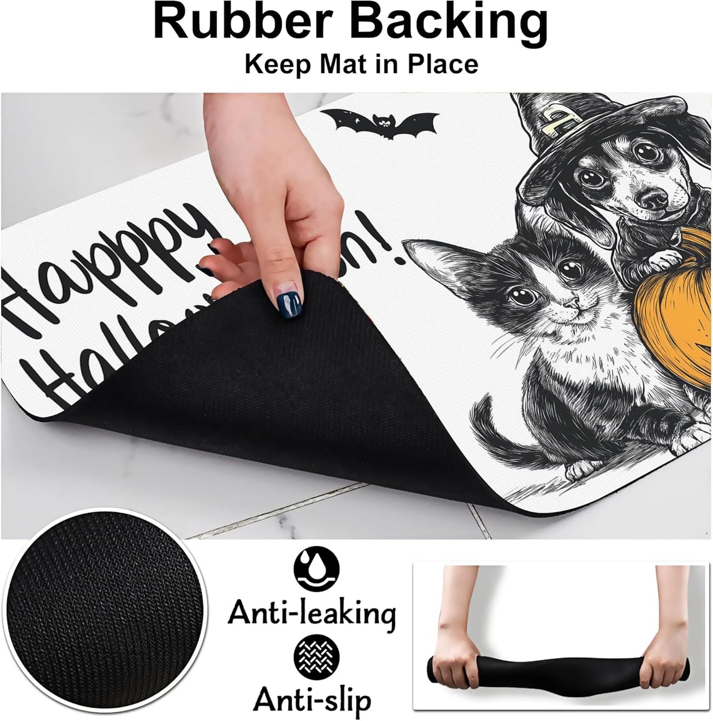 Halloween Cat Dachshund Dog Cat Food Mat-Absorbent Placemat for Food and Water Bowl, Waterproof Non Slip Rubber Backing Dog Food Mats for Floors, Pet Supplies 16 * 24 inch