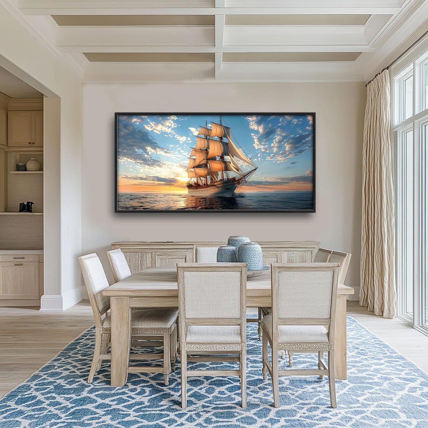 Nautical Ship Large Wall Art Sea Sailing Ship Pictures Sunrise Seascape Wall Decor Nature Landscape Canvas Print Painting Artwork for Bathroom Living Room Bedroom 60L" x 30W"