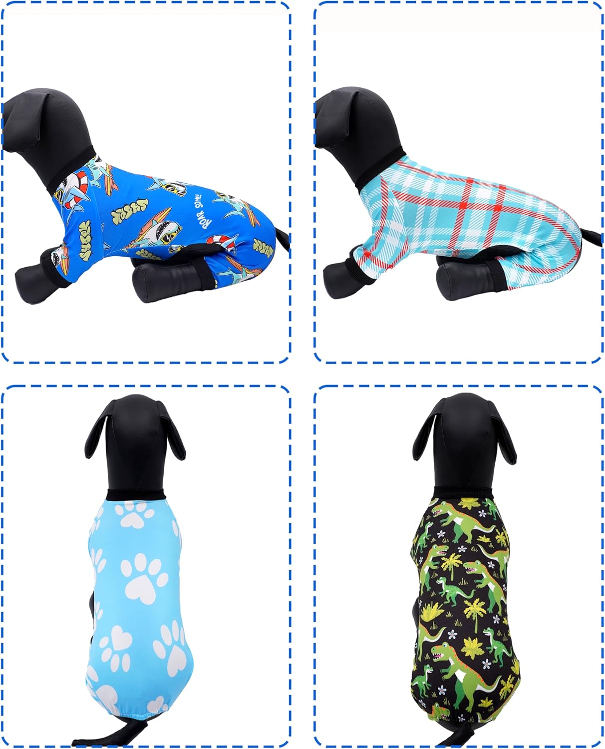 PET SHOW 4 Pack Dog Pajamas Dinosaur Shark for Small Medium Dogs Boy Soft Stretchy PJs Plaid Jumpsuit Dog Paw Onesies Outfits with Sleeve Pets Breathable Summer Clothes Costume XL
