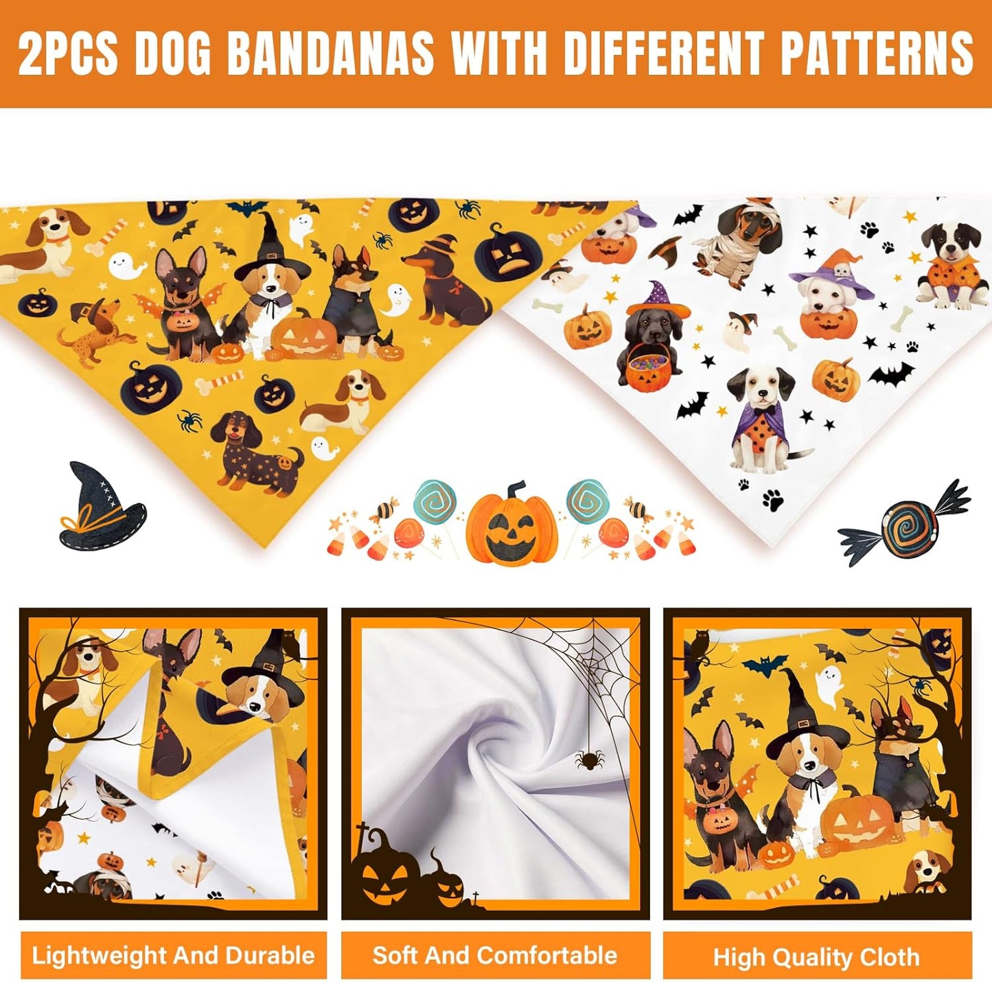 Halloween Dog Bandanas 2 Pcs, Pet Scarf for Dog Girl Boy, Spooky Triangle Puppy Scarf Kerchief Bandana Pet Dogs On Halloween, Ghost Pumpkin Bat Print Gifts for Dogs Lovers (Medium)