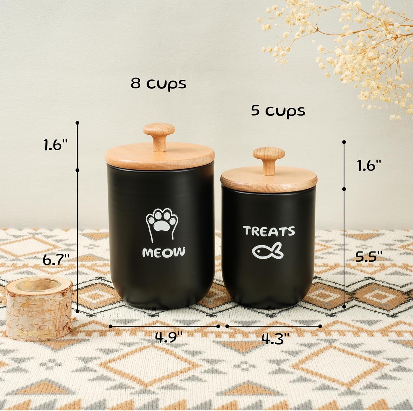 Cat Treat Container with Airtight Lid, Cat Food Oganizer Dry Food, Cat Food Storage Containers, Pet Treats Canister, Cat Treat Jar Set of 2-8.3x4.9 & 7.1x4.3 (Black)