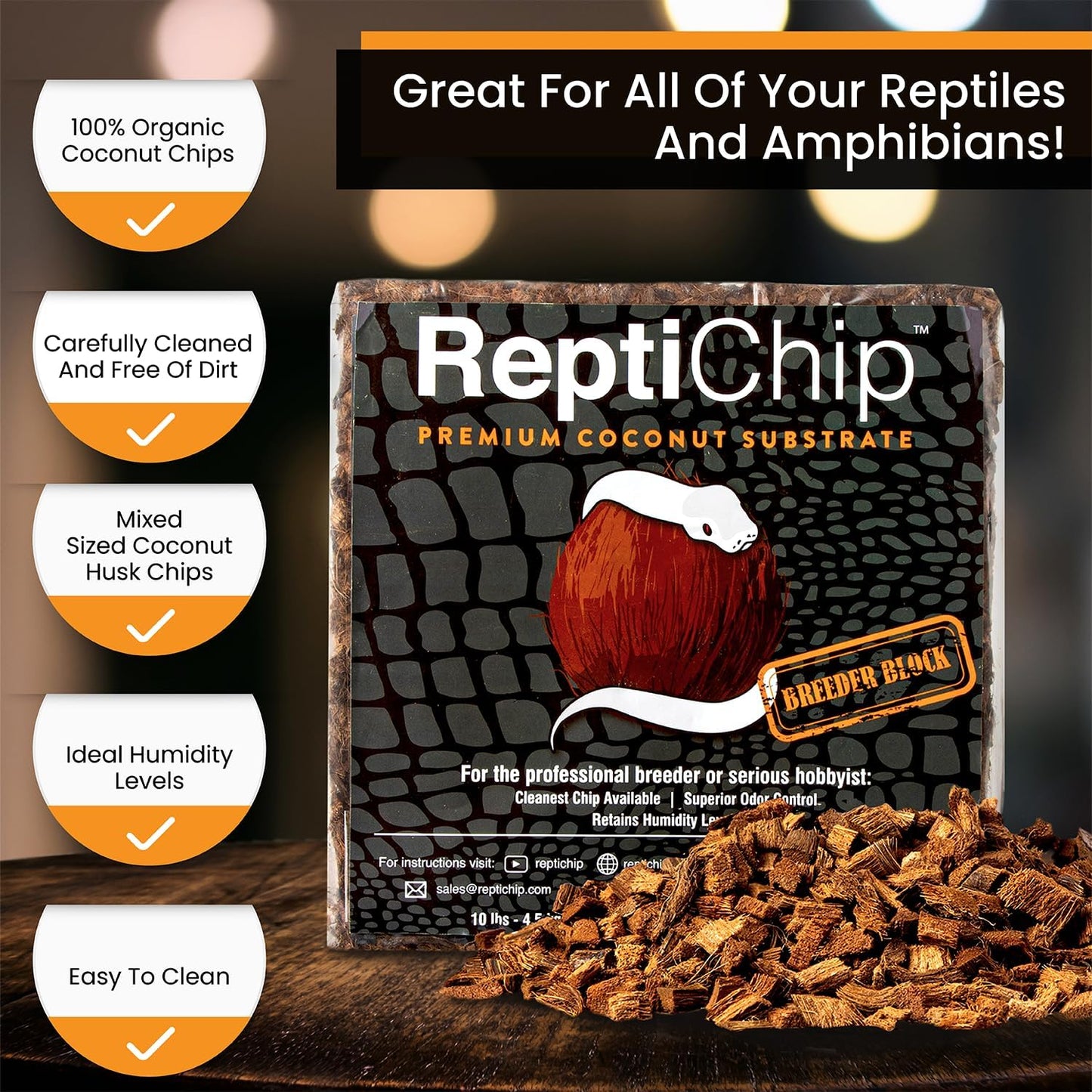 ReptiChip Reptile Substrate Coconut Chip Bedding 72 Quart Compressed Organic Coco Husk Block for Snake Habitat, Ball Python Terrarium, Turtle Tanks, Tortoise Enclosure (5 Pk)