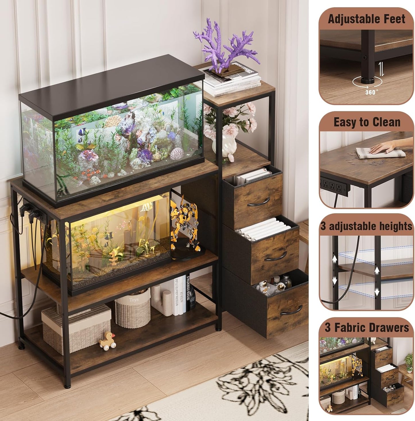 20 Gallon Aquarium Stand with Power Outlets Fish Tank Stand with 3 Drawers Metal Frame Heavy Duty Reptile Tank Stand with 3-Tier Storage Shelves,Left/Right Assembly, Adjustment Height