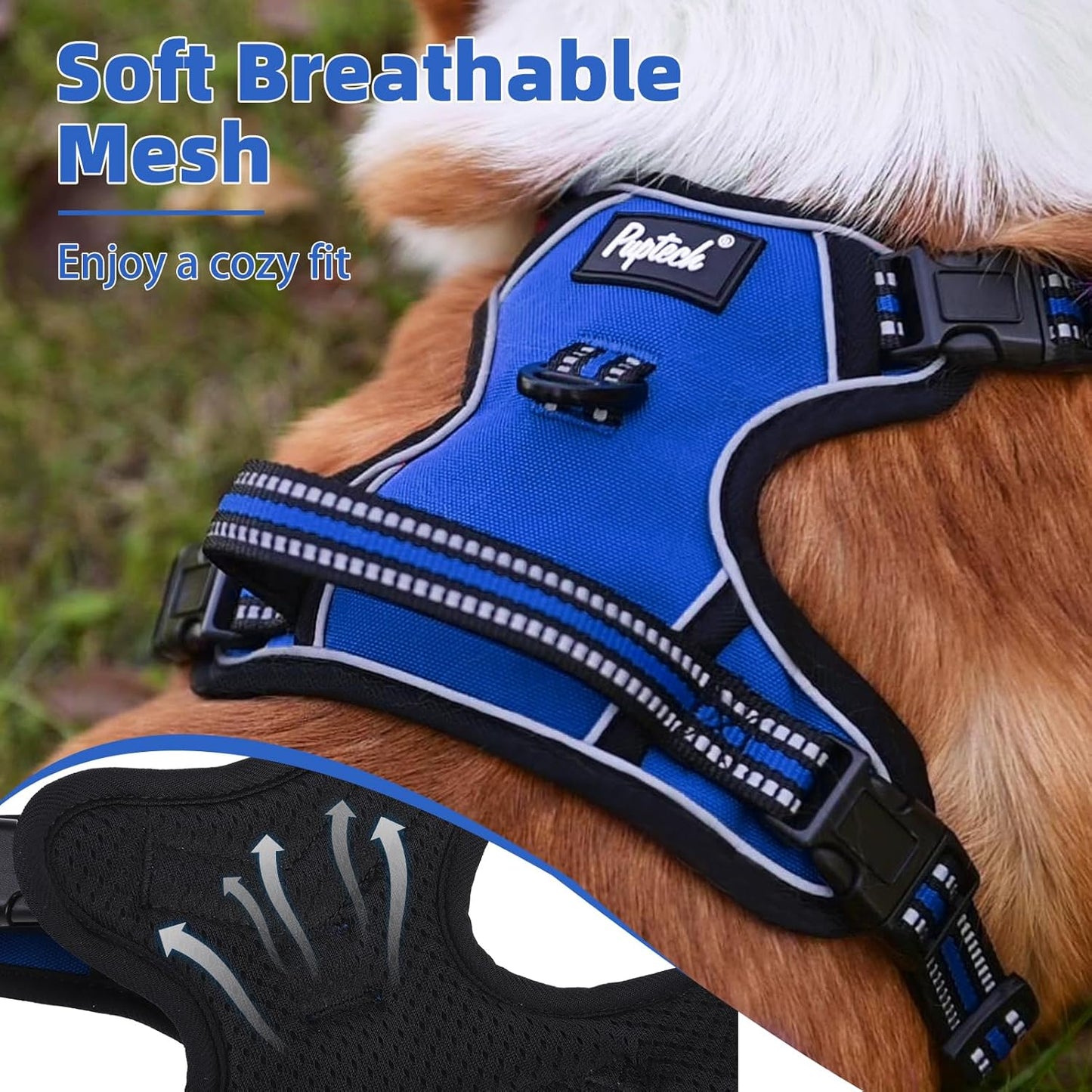 PUPTECK No Pull Dog Harness for Large, Adjustable Reflective Dog Harness with Handle Easy Control, Comfortable Soft Padded Pet Vest Harness for Extra Large Dogs, Blue XL
