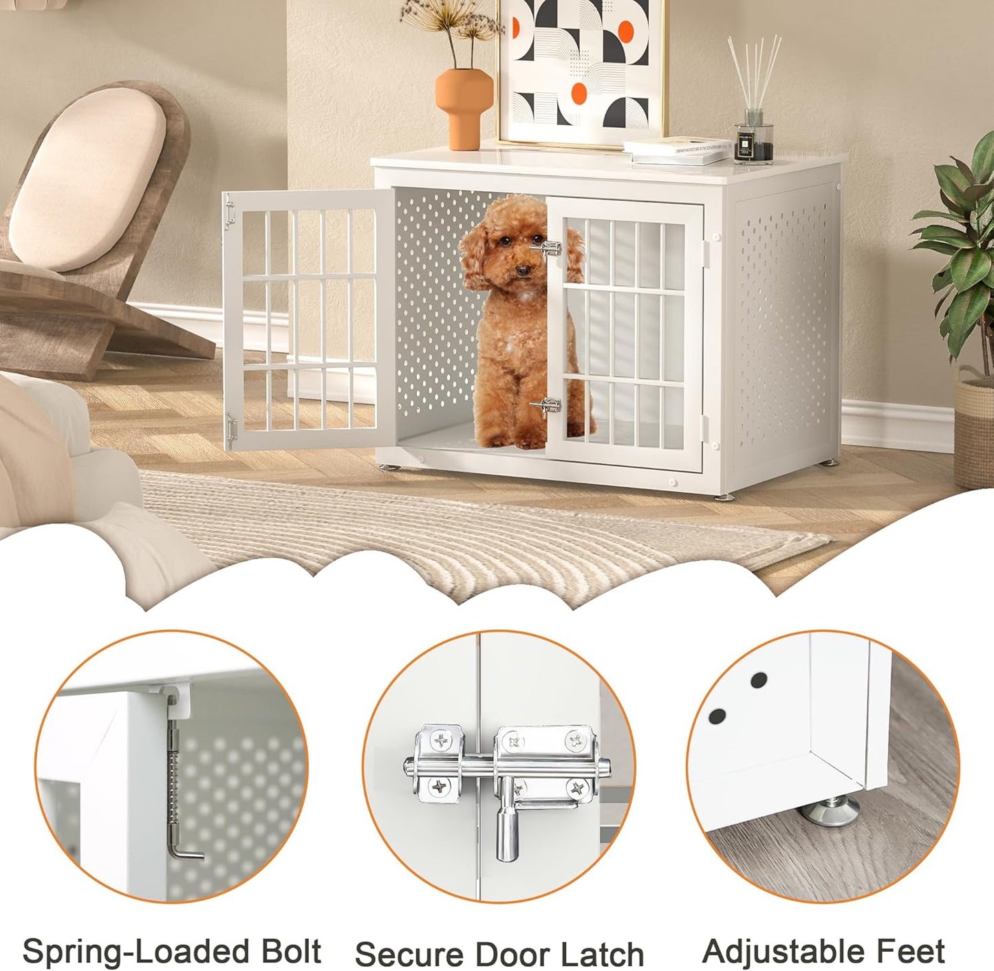 32" Heavy Duty Dog Crate Furniture for Small and Medium Dogs, Metal Kennel for High Anxiety Dogs, Chew Proof Pet Cage Indoor, Decorative Dog Kennel End Table, White